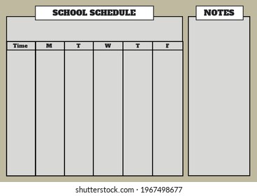 Composition of school schedule and notes text, with days, time and grid in black, on grey. weekly schedule design template concept with copy space for entries, digitally generated image.
