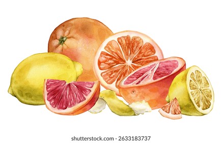 Composition with slice and whole Grapefruit and Lemon, Orange. Hand drawn watercolor illustration of tropical citrus fruits and leaves on white isolated background. Half grapefruit
