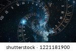 The composition of the space of time, the flight in space in a spiral of Roman clocks 3d illustration
