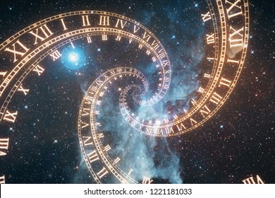 The composition of the space of time, the flight in space in a spiral of Roman clocks 3d illustration