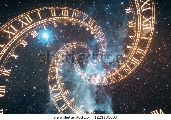 The composition of the\
space of time, the flight in space in a spiral of Roman clocks 3d\
illustration