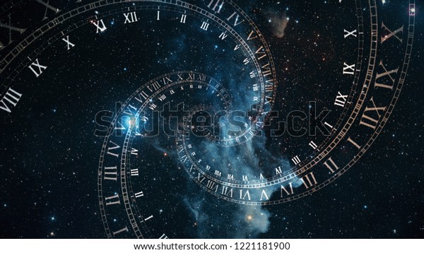 The composition of the
space of time, the flight in space in a spiral of Roman clocks 3d
illustration