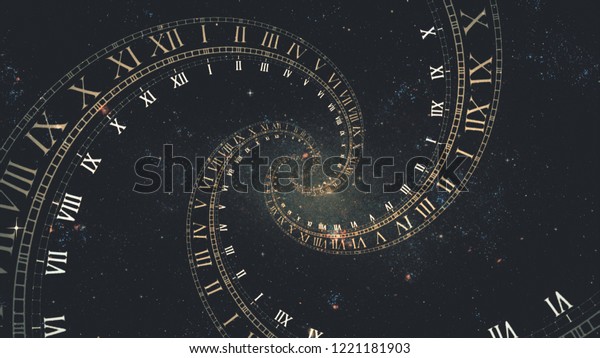 時空の構成 ローマ時計のらせん状の空間の飛行3dイラスト のイラスト素材