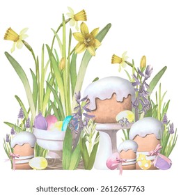 Composition of spring flowers with eggs and Easter cake watercolor illustration isolated on white. Hyacinths,narcissus and kulich hand drawn pastel tones for Easter cards, packaging and festive decor