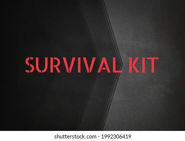 Composition Of Survival Kit Text In Red Over Black And Dark Grey Background. Business And Marketing Guide Design Template Concept Digitally Generated Image.