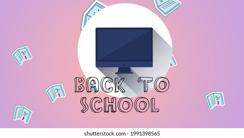 Composition of text back to school with open textbooks and computer screen in white circle, on pink. school, education and study concept digitally generated image.