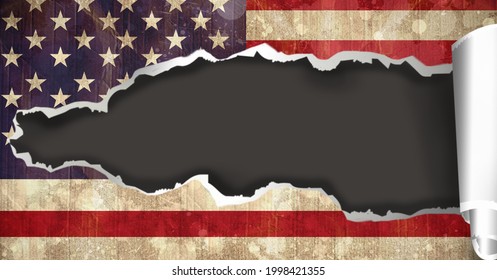 Composition of torn american flag with ripped section missing, revealing dark grey background. patriotism, independence and damage concept digitally generated image.
