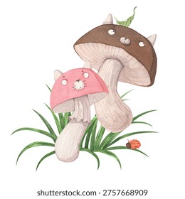 A composition of two mushrooms with a cat face. A cute summer composition of forest creatures. Isolated watercolor illustration on a white background. Perfect for unusual and fun designs.