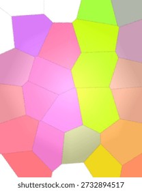 A composition of variously colored polygonal shapes, predominantly hexagons, in a random...