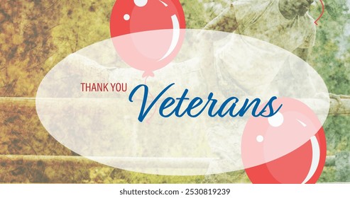 Composition of veterans day thank you text and red balloons, over male soldier jumping fence. patriotism, independence, military and celebration concept digitally generated image. - Powered by Shutterstock