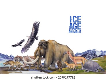 Composition of a watercolor prehistoric animals and caveman walking in a line with a mountain landscape on a background. Hand painted historical illustration of the Ice Age