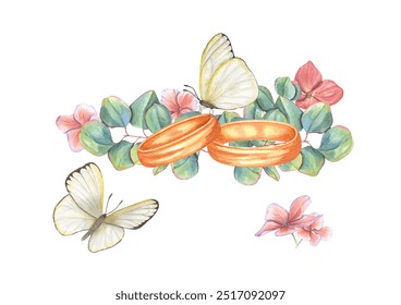 Composition with Wedding Rings, Eucalyptus Branches, Hydrangea Flowers and Fluttering Butterflies. Watercolor illustration isolated on white background. For the design of invitation, greetings - Powered by Shutterstock