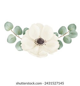 A composition white anemone flowers accompanied by eucalyptus leaves, in a watercolor. for design applications, wedding invitations, floral-themed stationery digital backgrounds or decorative prints - Powered by Shutterstock