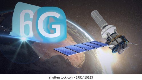 Composition Of The Word 6g Over A Globe With A Floating Satelite In Background. Global Technology, Digital Interface, Connection And Communication Concept Digitally Generated Image