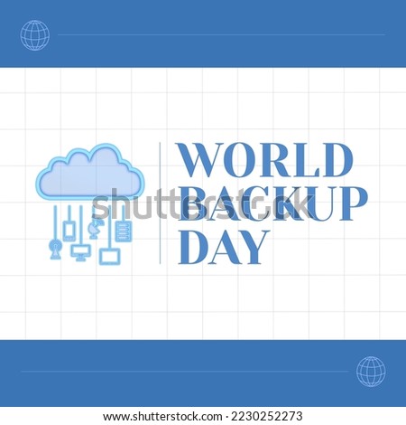 Composition of world backup day text over business icons. World backup day and celebration concept digitally generated image.