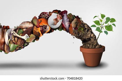 Compost And Composting Symbol Life Cycle Symbol And An Organic Recycling Stage System Concept As A Pile Of Rotting Food Scraps With A Sapling Growing In A Pot With 3D Illustration Elements..