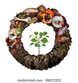 Compost Life Cycle Symbol And A Composting Stage System Concept As A Pile Of Rotting  Fruits Egg Shells Bones And Vegetable Food Scraps Shaped As Circle With Soil At The Bottom And A Sapling Growing.