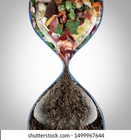 Composting Recycling Process As Kitchen Table Scraps Are Transformed Into Organic Soil In An Hourglass With 3D Illustration Elements.