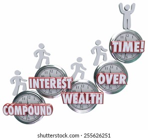Compound Interest Wealth Over Time words on clocks and investors growing wealth by saving or investing income and earnings 