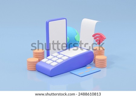 A comprehensive 3D render highlighting the convenience and security of modern payment systems with floating elements including a card reader, credit card, globe, coin, NFC, smartphone, and bill