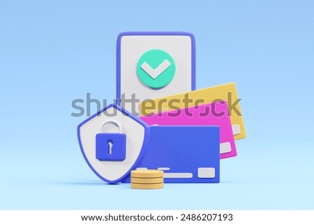 A comprehensive 3D render illustrating the security of digital transactions with elements of a smartphone, credit card, shield, padlock, coins, and a checkmark