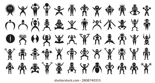 A comprehensive array of stylized alien and monster icons in a monochromatic palette ideal for graphic design projects.