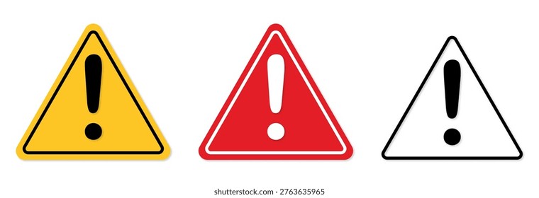 A comprehensive collection of universal attention and warning icons designed for high visibility across digital and print platforms. This set features three distinct variations of the exclamation mark triangle: a classic industrial yellow caution sign, a bold red danger alert, and a clean black and white outline version.

These versatile graphics are perfect for UI designers creating app notifications, web developers building alert systems, and facility managers designing workplace notice boards. Each symbol is crafted with bold lines and high contrast to ensure immediate recognition of potential risks or important information. Whether used for electrical hazard warnings, road signs, or website error messages, this set provides the professional look required for clear hazard communication.

The clean and modern design ensures these icons remain legible at various sizes, making them ideal for everything from small mobile buttons to large-scale safety posters. This professional toolkit offers a consistent visual language for identifying risks, providing cautions, and marking critical checkpoints in both industrial and creative environments.