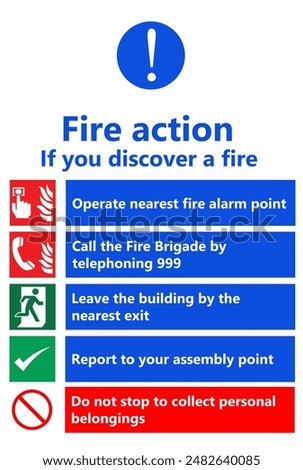 A comprehensive Fire Action Notice precautionary sign illustration outlining critical emergency procedures. This high-quality graphic features step-by-step instructions for personnel and visitors upon discovering a flame incident. The layout includes clear mandatory symbols and icons: an exclamation mark for attention, a call point symbol, a telephone for emergency services, an exit runner for evacuation, and a prohibition sign regarding personal belongings.

This visual guide is essential for workplace compliance and building protection, providing instructions such as operating the nearest alarm, telephoning the brigade, and retreating to the designated assembly point. Designed with high-contrast blue, green, and red sections, it ensures maximum visibility and readability in high-stress situations. Ideal for inclusion in architectural security plans, facility management manuals, and health and environment (HSE) documentation. This professional signage helps organizations meet legal standards and ensures a coordinated response during a crisis. Available in a scalable format, perfect for industrial printing, office posters, and commercial wayfinding systems.