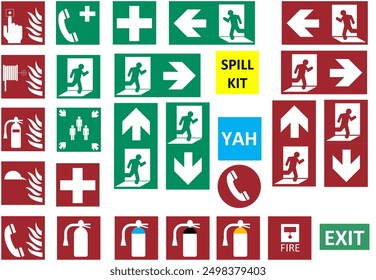 A comprehensive set of emergency and safety signage icons, perfect for evacuation plans and workplace safety. Includes fire, first aid, exits, spill kit, and more in various color schemes. - Powered by Shutterstock