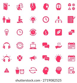 A comprehensive set of pink vector icons representing mental health, productivity, and cognitive functions. Symbols include brain activity, sensory focus, time management, meditation, creative thinking, workplace stress, and neurodiversity concepts. Ideal for healthcare apps, corporate wellness materials, and educational infographics.