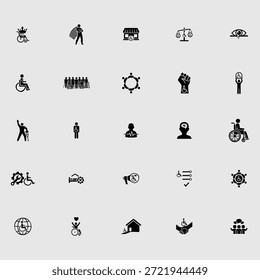 A comprehensive vector icon set dedicated to disability inclusion, accessibility, and inclusive design principles. This collection features 25 flat, minimalist icons representing universal accessibility, disability rights, inclusive education, mobility support, assistive technology, accessible communication, equal opportunity, barrier-free environments, inclusive workplaces, healthcare access, and social inclusion.