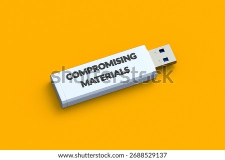 Compromising materials words on flash drive. The concept of blackmail. Incriminating evidence. Secret information. Espionage and investigation. 3d render