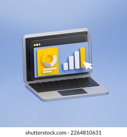 Computer 3d render. Computer screen with colorful chart, diagram, pie. infographic diagrams 3d. Website or application quality feedback. Client feedback, online shoping, statistics