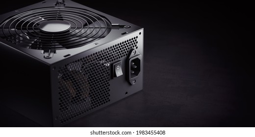 Computer AC Power Supply Unit On Black Background. 3d Illustration