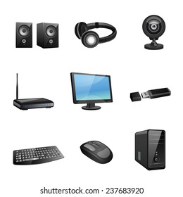 Computer Accessories And Peripheral Black Icons Set Isolated  Illustration