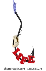 Computer addiction concept. Red word LIFE and computer mouse strung on a fishing hook. Isolated. 3D Illustration
