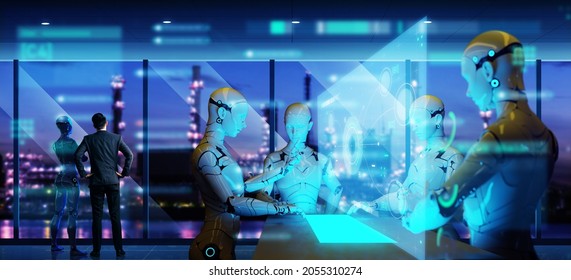 Computer Aided Manufacturing M2M Automation Technology Industry 4.0 Engineering, 3D Robot Teamwork Working Meeting In Factory Futuristic Metaverse Cyber Digital World