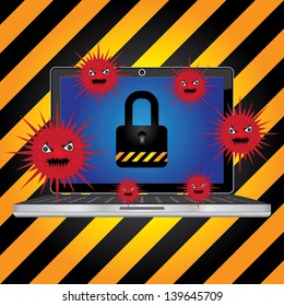 Computer Antivirus Concept Present By Computer Laptop or Computer Notebook With Red Virus  and The Key Lock on Screen in Caution Zone Dark and Yellow Background