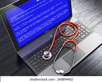 Computer antivirus protection technology and repair maintenance service business concept: laptop or notebook computer PC with blue screen with critical error message and stethoscope on office table