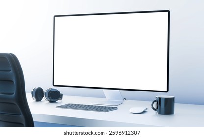 Computer blank screen - Minimalist workspace with monitor, keyboard, headphones, and coffee mug on a clean desk. CGI 3d render
