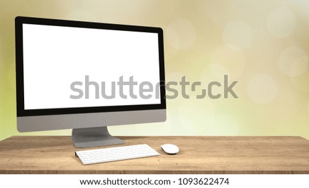 Computer with blank screen on table.blurred background.3d rendering