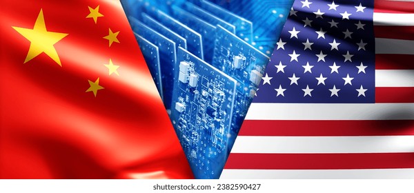 Computer boards. Flags of USA and China. Struggle for microelectronics market concept. Development of computer boards, production of microchips in China. Import of microelectronics to USA. 3d image