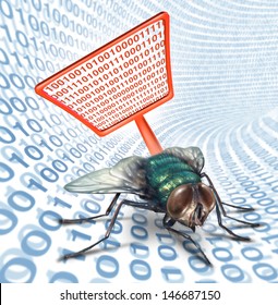 Computer Bug Security Service As A High Technology Concept For Digital Data Protection With A Red Fly Swatter Killing A Bug On A Binary Code Background As Scanning For Viruses On Electronic Devices.