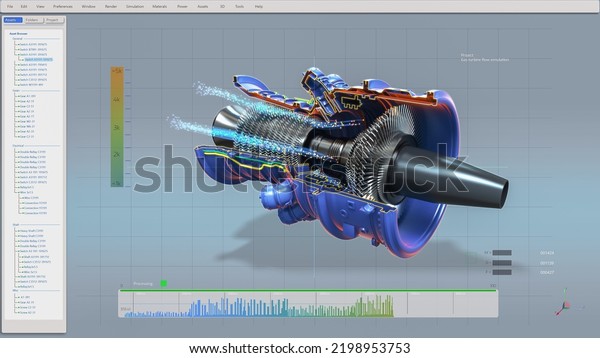 Computer CAD Software showing Design of Industrial\
Sustainable Green Energy Turbine  Engine in 3D. Efficient Eco-Motor\
Prototype Visualization.\
VFX