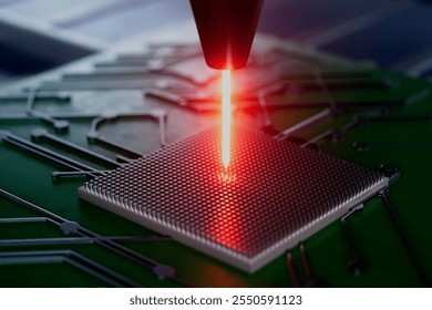A computer chip is being laser cut. Concept of precision and technology. The laser beam is focused on the chip, creating a sharp and clean cut