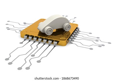 Computer Chip And Car Model, 3d Rendering