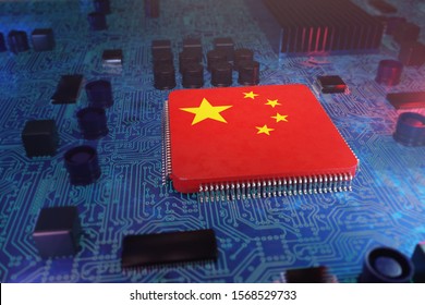 Computer chip with chinese flag. 3d conceptual illustration