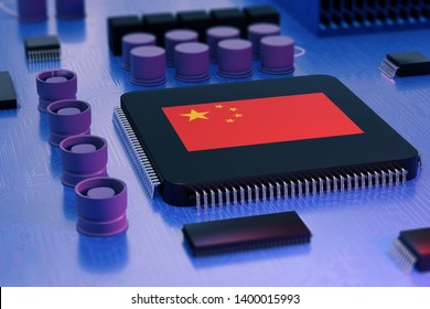 Computer Chip With Chinese Flag, Can China Spy On United States. 3d Conceptual Illustration