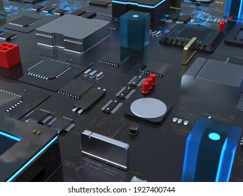 computer chips close up. 3D render on the topic of technologies and large calculations