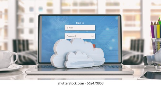 Computer cloud on a laptop - login on the screen. 3d illustration